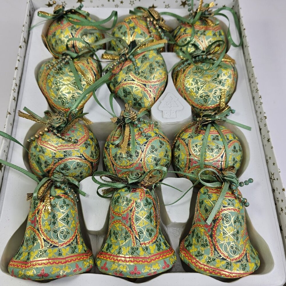 Christmas Ornament Set Paper Mache Bell, Round, And Hearts 12pcs Gold Green Etc